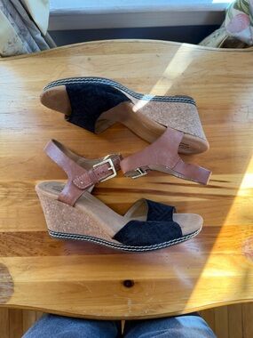 Clarks Black and Brown Cork Wedge Sandals